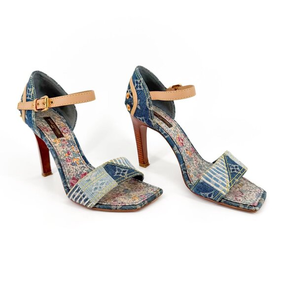 Louis Vuitton Shoes - Louis Vuitton Denim Patchwork Blue Monogram Sandals Heels Size 37.5 US 7.5 Y2K